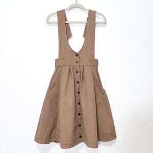 Vintage 80s 90s Tan Button Front Cotton Pinafore Overall Dress Size 9/10 XS S